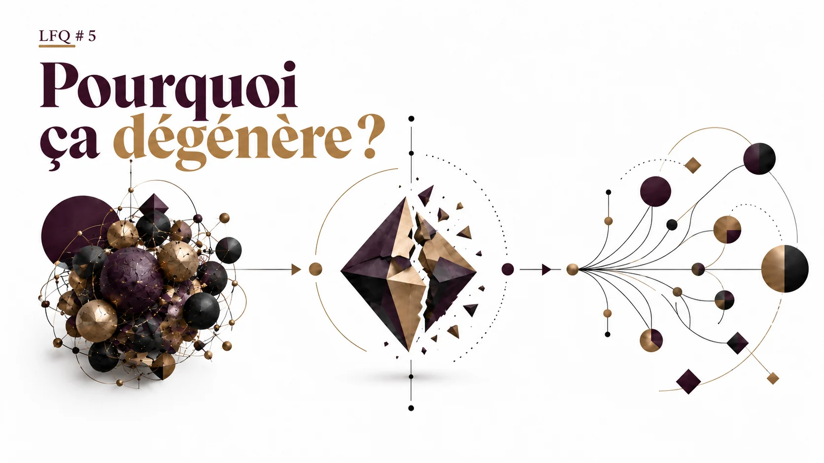 Couverture LFQ #5 : Pourquoi ça dégénère ? Un amas de sphères prune, noires et dorées, un losange qui se fracture, puis des trajectoires qui se dispersent.